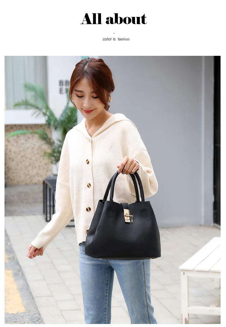 Women’s Large Capacity Shoulder & Crossbody Bag – Lychee Pattern PU Leather Bucket Style | حقيبة كتف وكروس نسائية كبيرة السعة – تصميم دلو من جلد صناعي بنقشة الليتشي