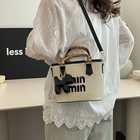 2025 New Spring Fashion Contrasting Straw Bamboo Joints Basket Bag Bucket Bag Hand-held Shoulder Diagonal Bag