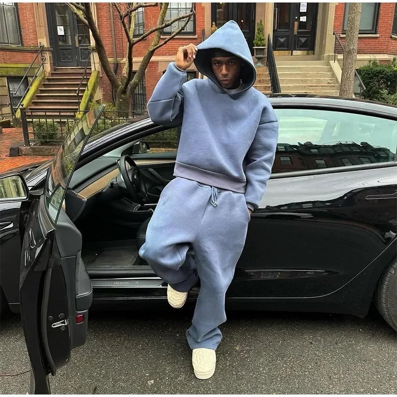 Solid Couple's Hooded Sweatshirt 2 Piece Set Casual Loose Sweatpants Suit Autumn Male Jogging Sweatshirt Trousers Outfits Suits
