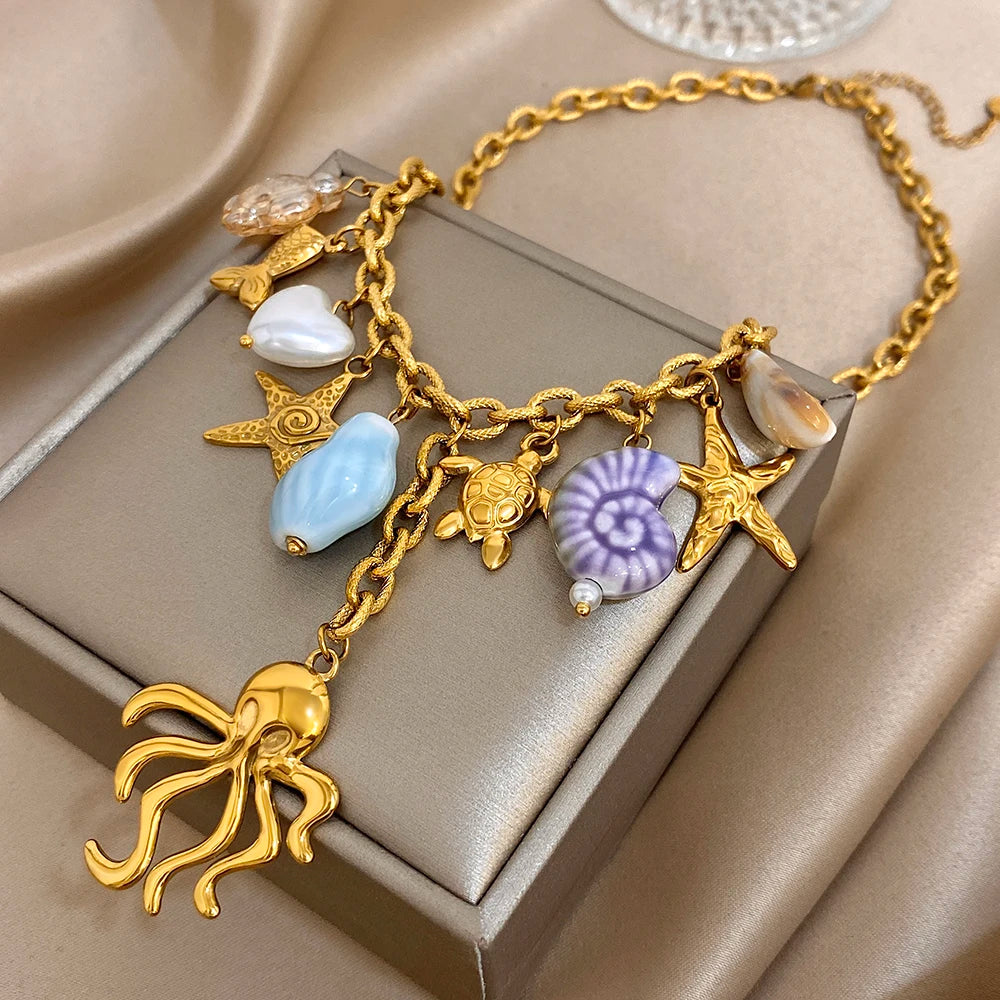 New Trend Chunky Stainless Steel Shell Starfish Turtle Charm Necklace Octopus Pendant Statement Gold Color Fashion Jewelry Gift
