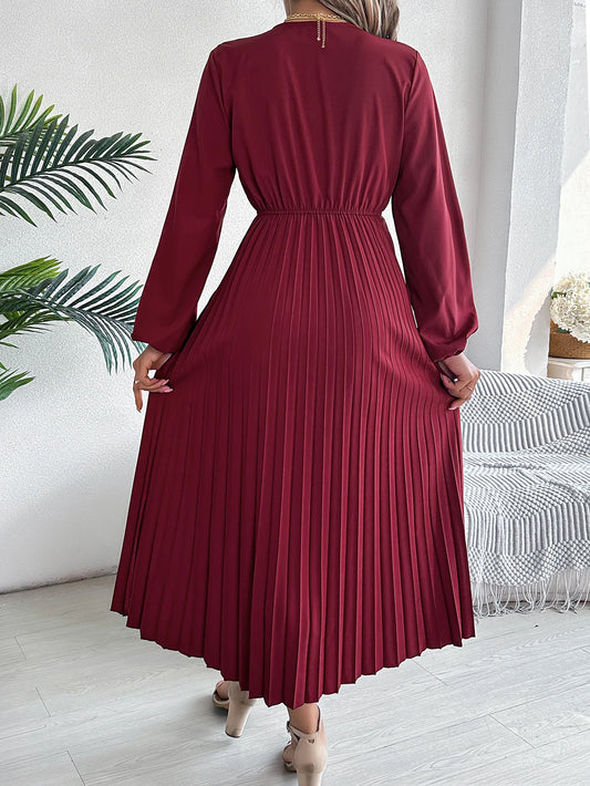 Elegant Dresses for Women 2026 Spring Autumn Casual Solid Color V Neck High Waist Long Sleeve Pleated Maxi Dress Red Black Green