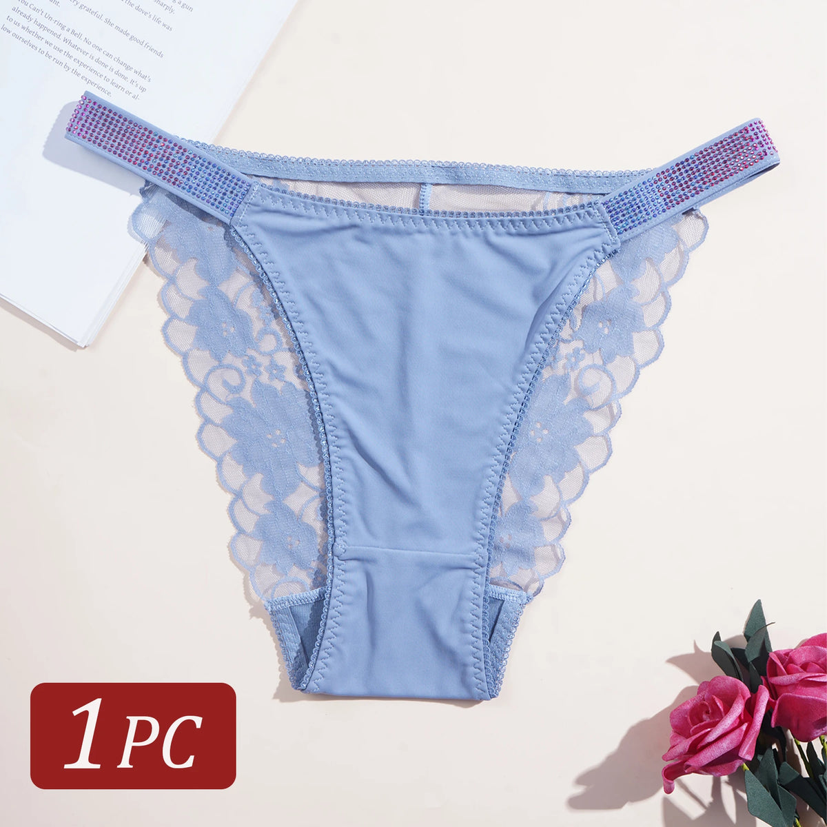 1PC Rhinestone Lace Sexy Girls Women Panties Solid Color Seamless Underwear Elegant Lace Floral Design Low Rise Briefs Lingerie