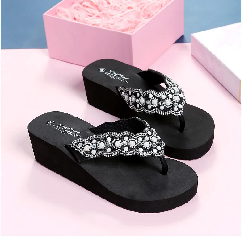 2025 Women Beach Flip Flops Summer Wedges Shoes Bling Rhinestone Soft EVA Girls Home Street Slippers Mid-heel Fashion Sandals