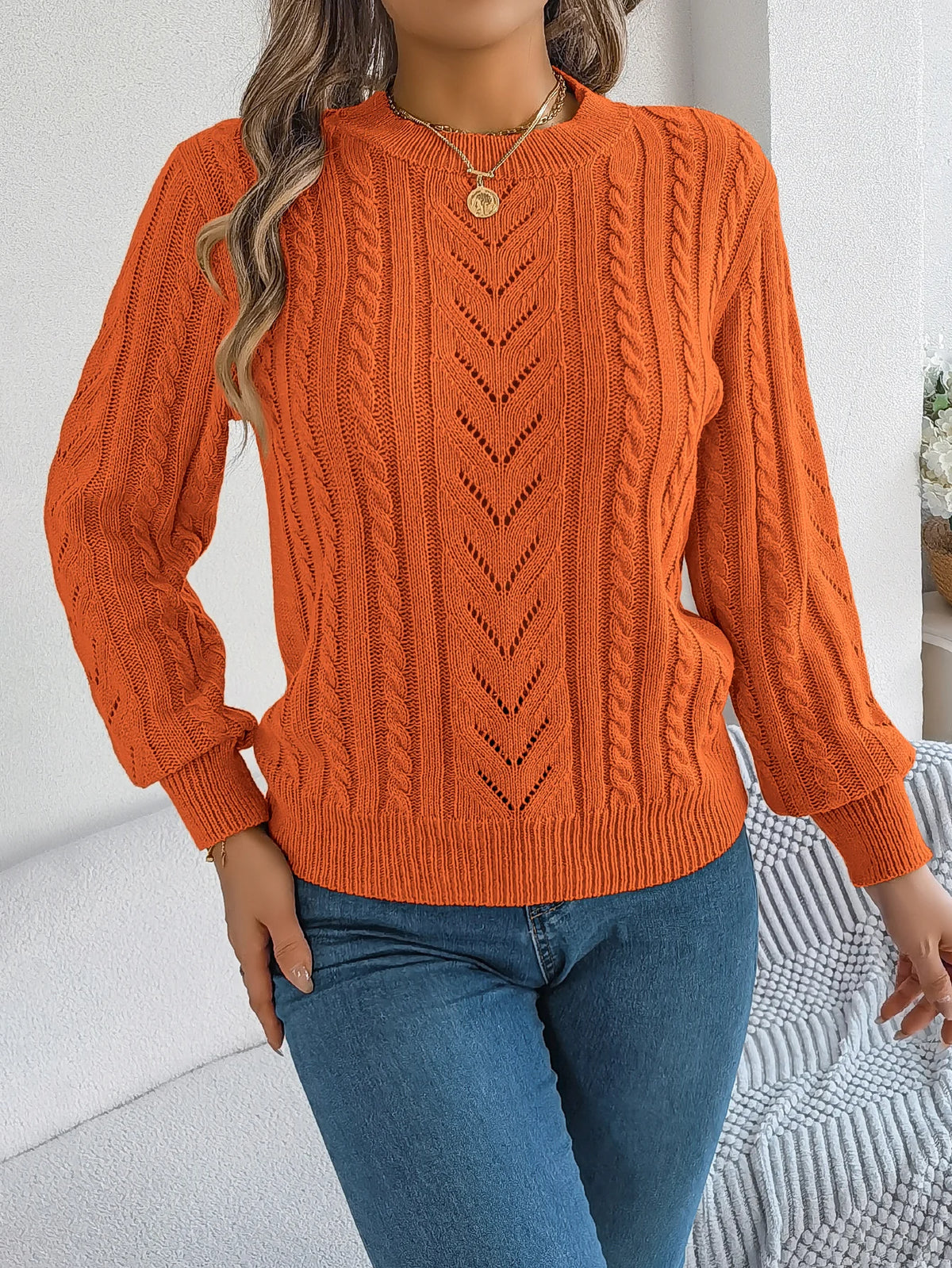 Autumn and Winter Casual Solid Color O-Neck Hollow Out Long Sleeved Pullover Sweater