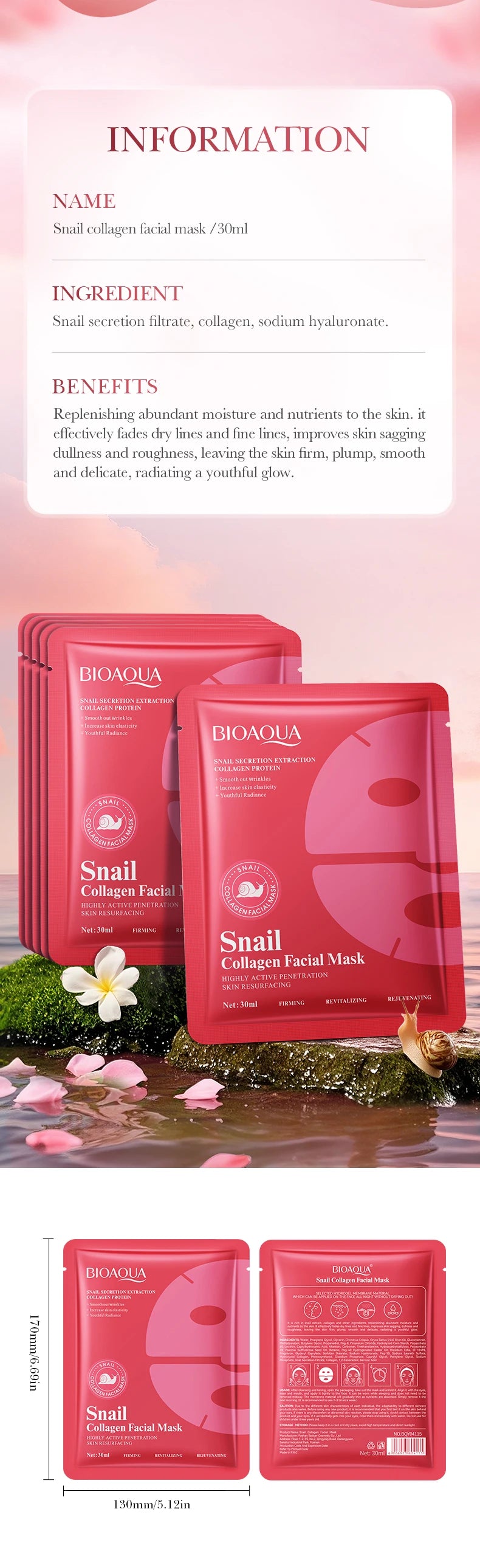 5pcs BIOAQUA Snal Collagen Facial Masks Moisturizing Anti-Wrinkle Whitening Anti-Aging Face Mask Collagen Masks Skin Care