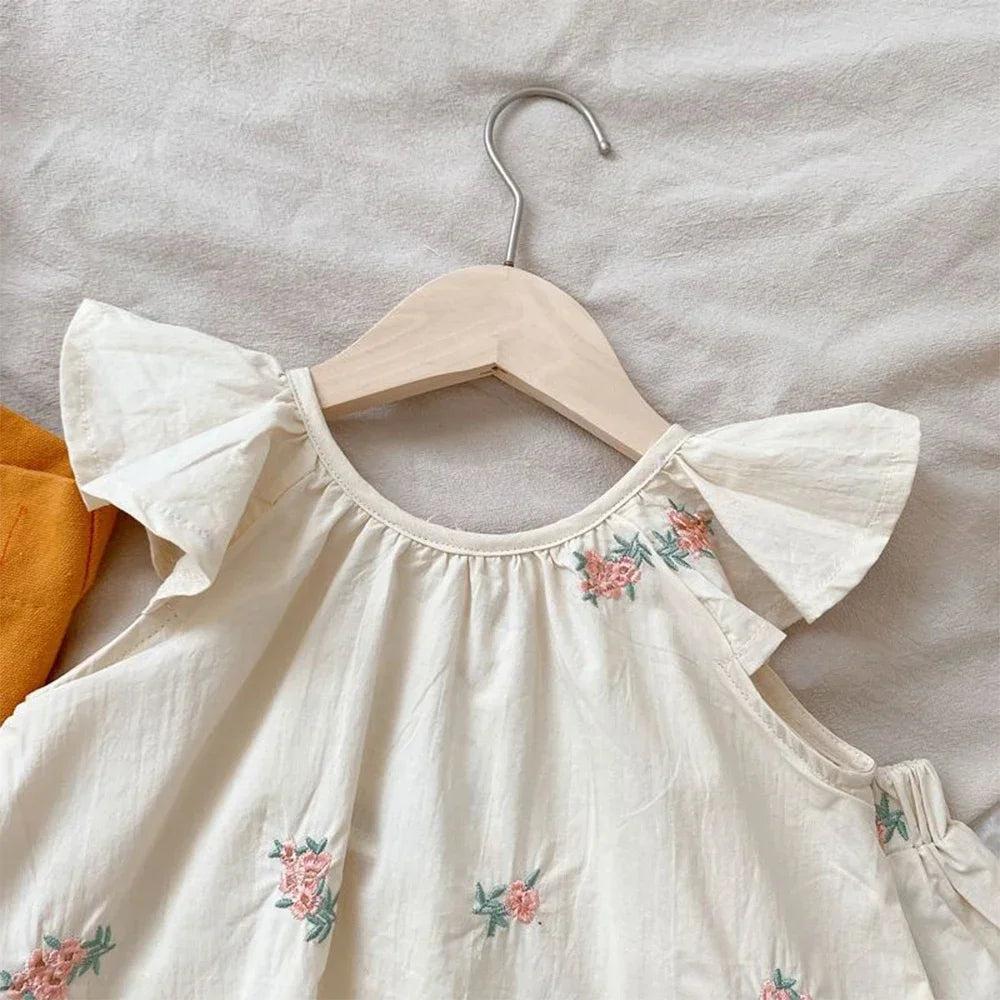 Girls' Summer Fashion Set Children's Flower Print Flying Sleeve Top+Shorts Two Piece Cute Little Girl Refreshing Set