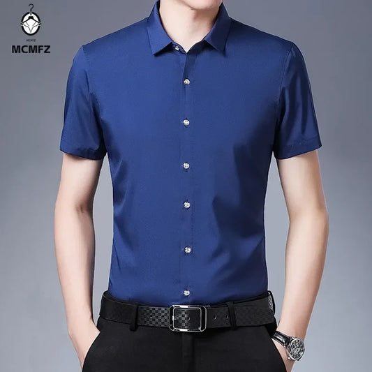 Men's Business Casual Solid Color Short Sleeved Shirt Non Ironing Comfortable Top