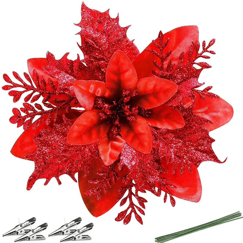 10Pcs Glitter Christmas Poinsettia Flowers,14cm/5.51in Artificial Red Gold Poinsettia Ornaments with Clips & Iron Wire,Xmas Tree