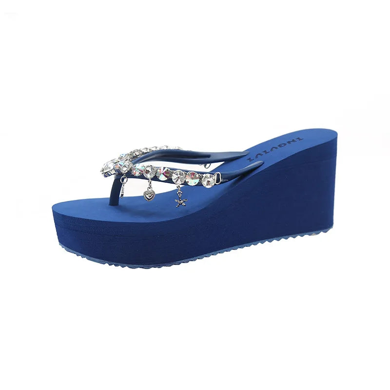 2025 Summer New High-heeled Flip Flops Women's Rhinestone Chain Pendant Thick Bottom Fashionable Clip on Sandals Beach Slippers