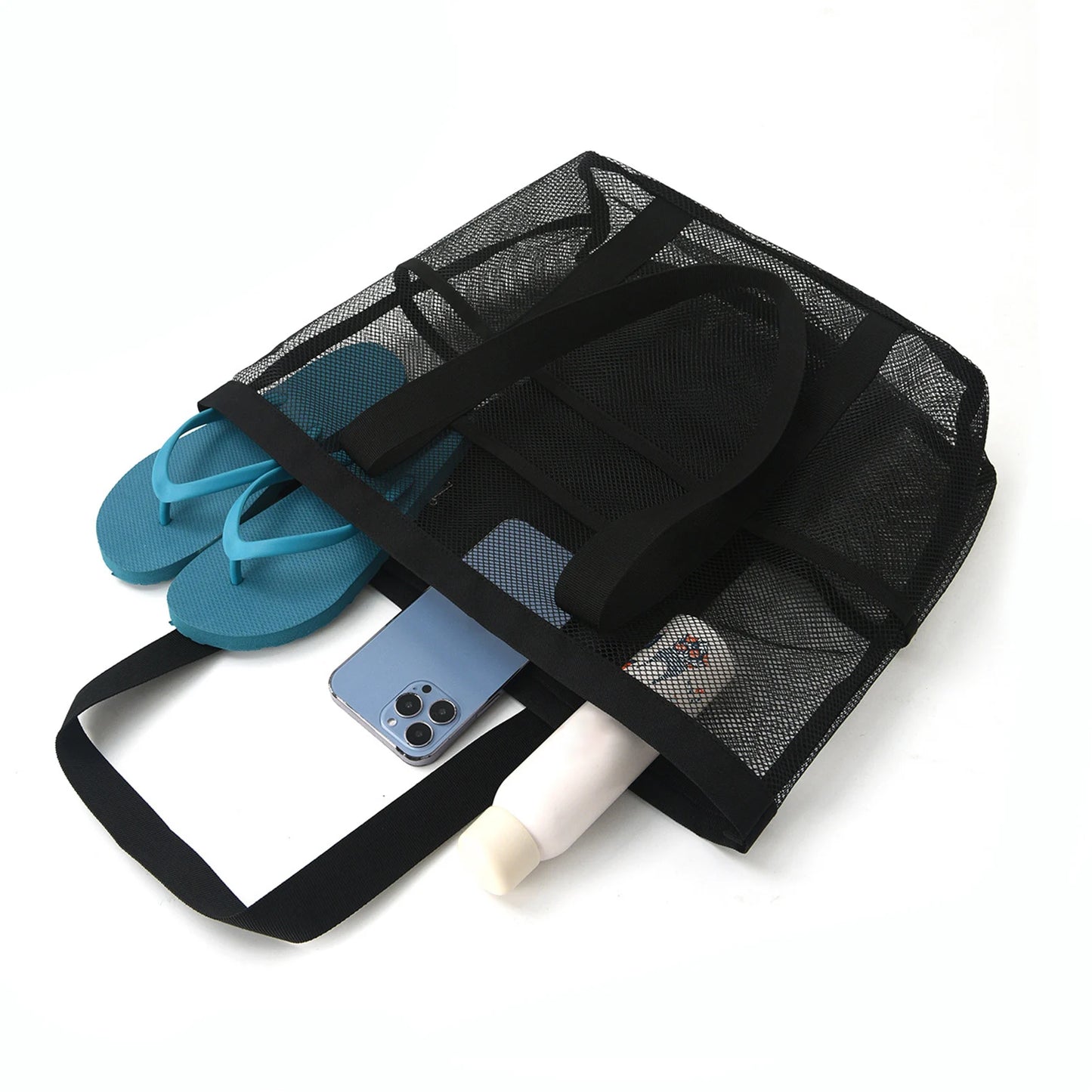 Mesh Beach Bags Beach Tote Bag With Multi Pockets Large Capacity Travel Tote Handbag Swim Pool Bag Multifunctional Storage Bag