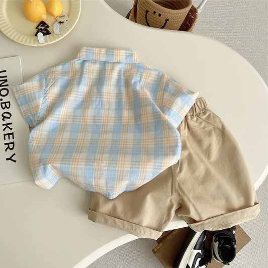 Fashion Summer Baby Boys Girl Clothes Suit Children Grid Bow Tie T-Shirt