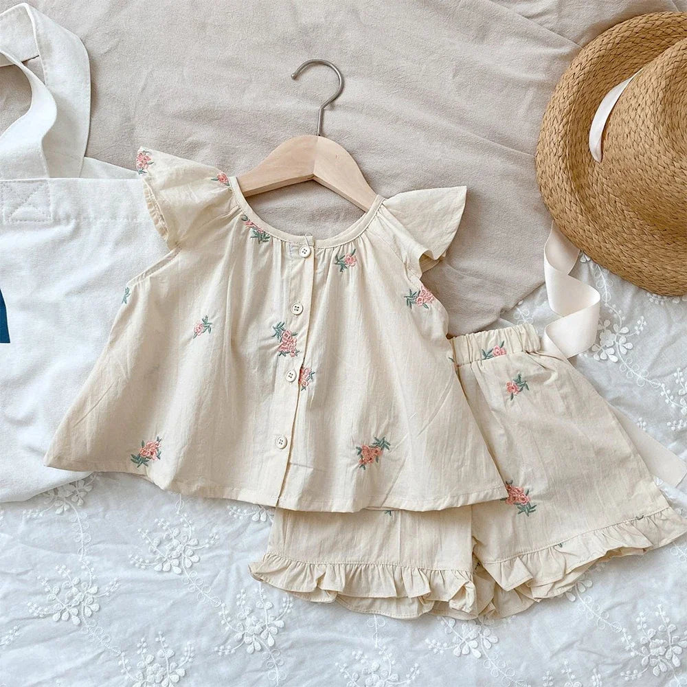 Girls' Summer Fashion Set Children's Flower Print Flying Sleeve Top+Shorts Two Piece Cute Little Girl Refreshing Set