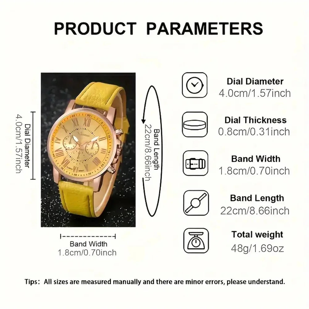 5PCS Women's Watches Fashion Roma Dial Leather Band Quartz Watch(Without Box