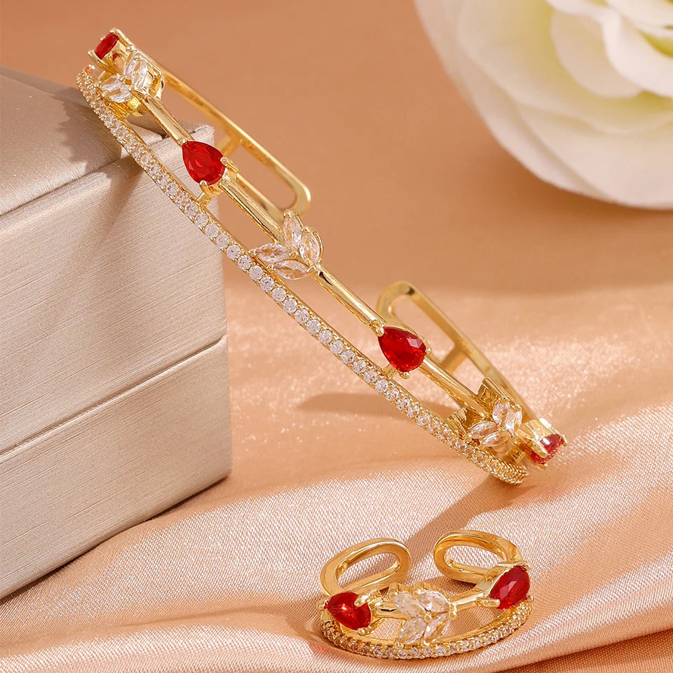 ZAKOL Women Fashion CZ Flower Leaf Open Cuff Bracelet Ring Set Cubic Zirconia Adjustable Bangle Ring Wedding Party Jewelry Set