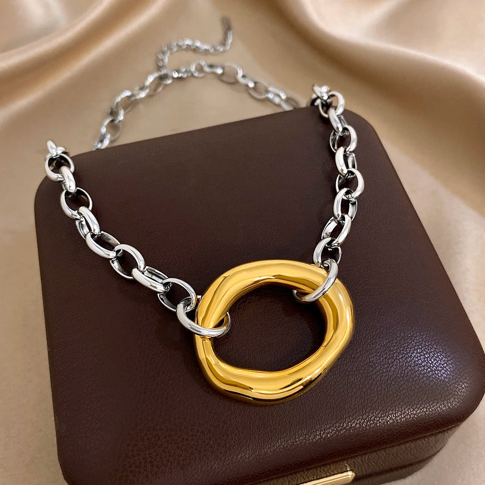 Golden 316L Stainless Steel Irregular Hollow Round Pendant Necklace for Women Statement Thick Chain High Quality Jewelry Gift