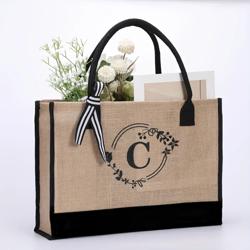 Personalized alphabet printed single shoulder linen men's bag large capacity handbag open handle handbag handbag