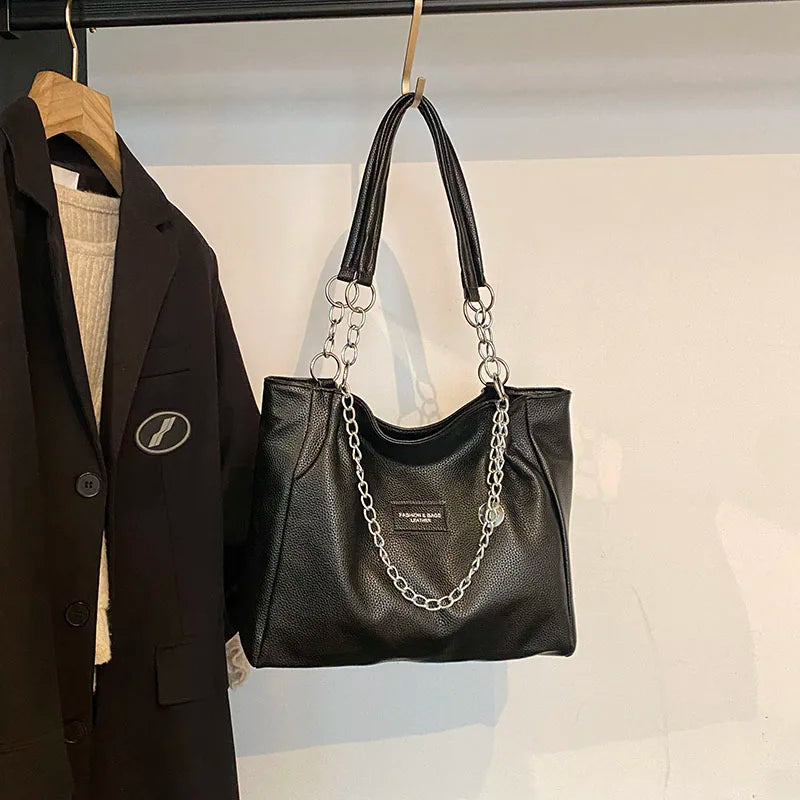 Luxury large bag women's Korean style large capacity PU soft leather single shoulder bag chain commuting tote bag