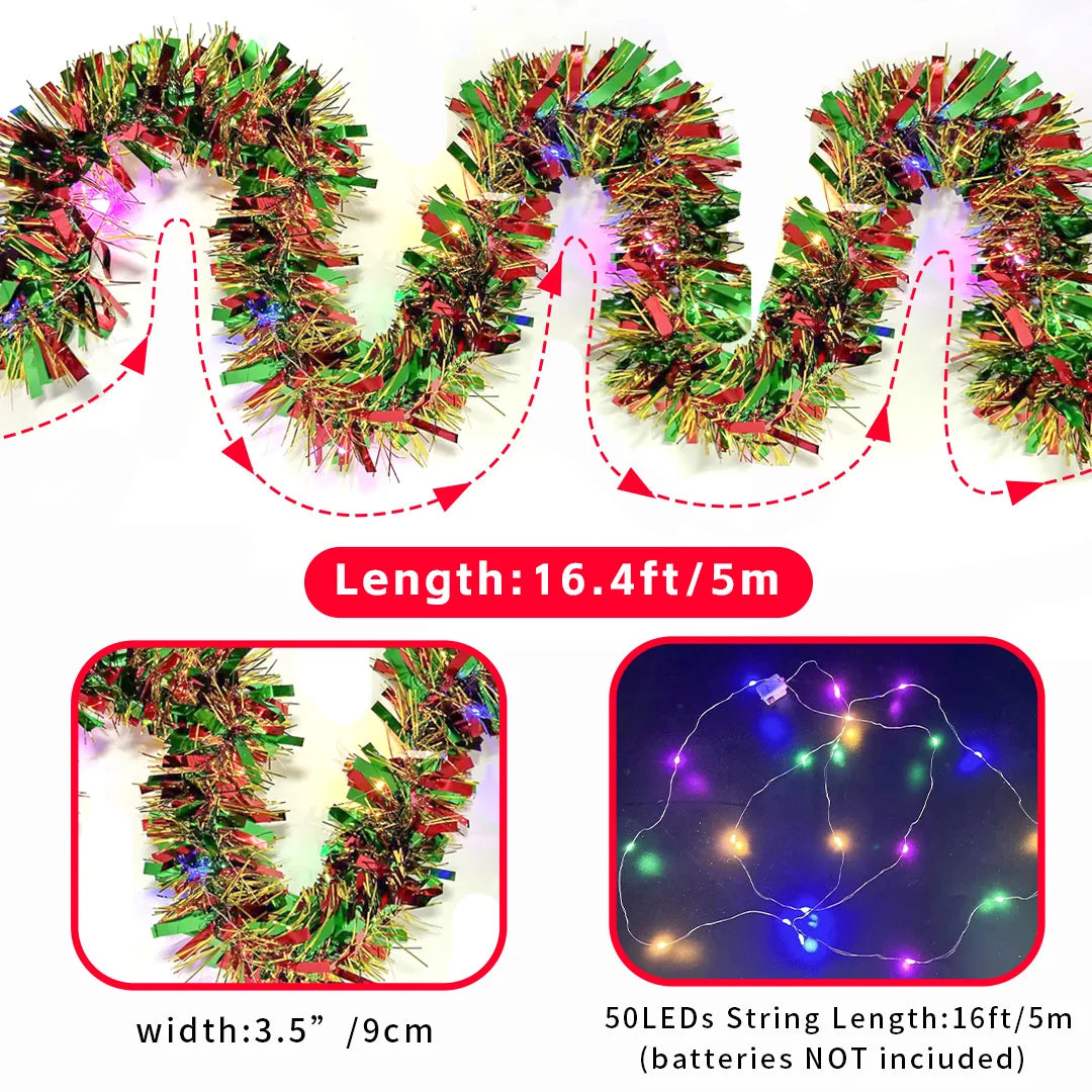 1pc 16 Ft Christmas Tinsel Garland Metallic Shinny With LED Lights Tree Thick Hanging Decorations For Xmas Party indoor
