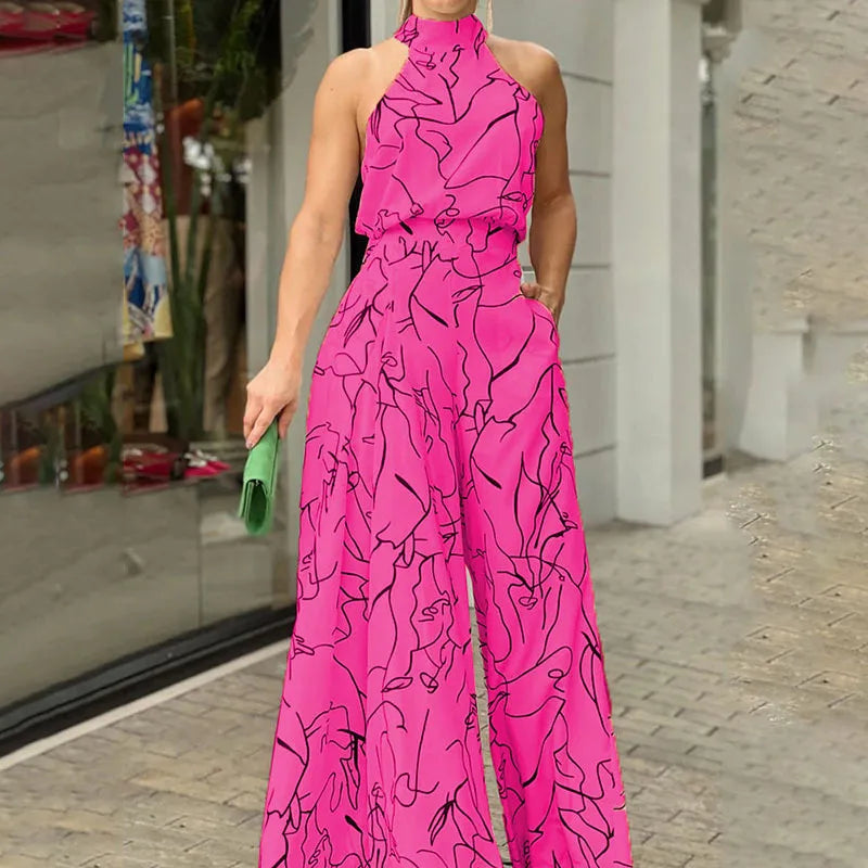Summer Lace-Up Sleeveless Jumpsuit – Loose Fit with Geometric Print & Pockets | جمبسوت صيفي أنيق بدون أكمام برباط خصر ونقشة هندسية مع جيوب
