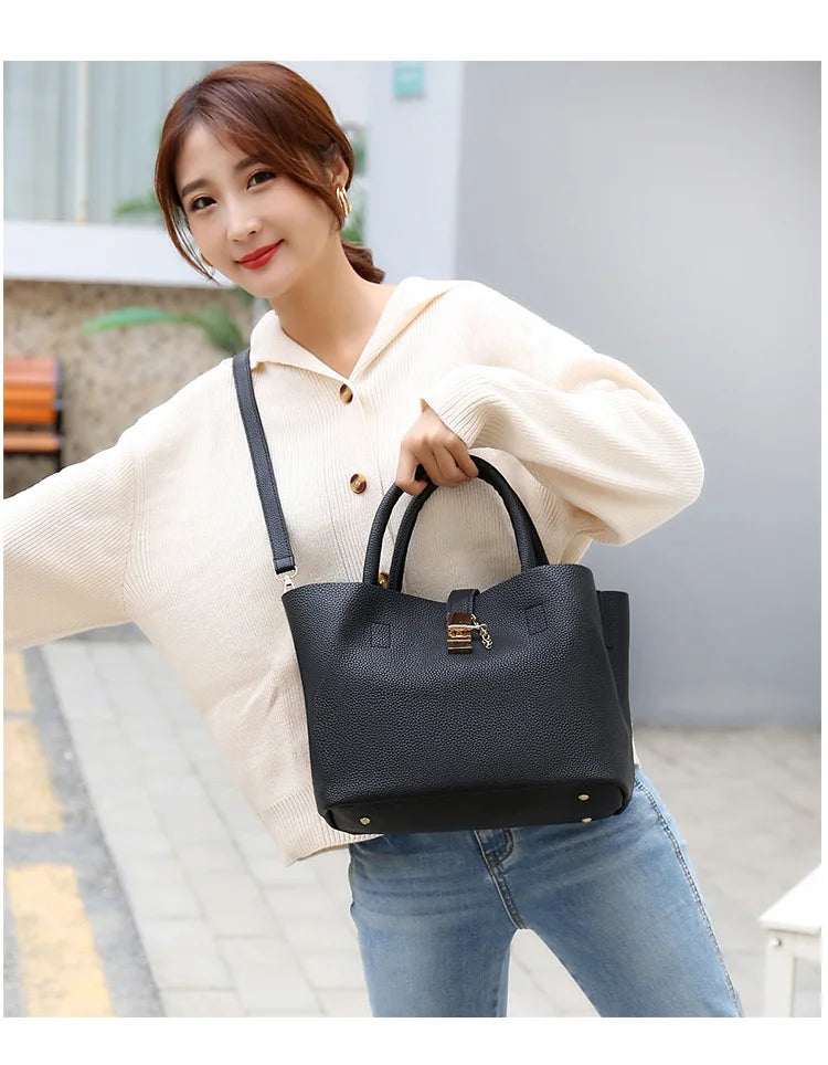 Women’s Large Capacity Shoulder & Crossbody Bag – Lychee Pattern PU Leather Bucket Style | حقيبة كتف وكروس نسائية كبيرة السعة – تصميم دلو من جلد صناعي بنقشة الليتشي