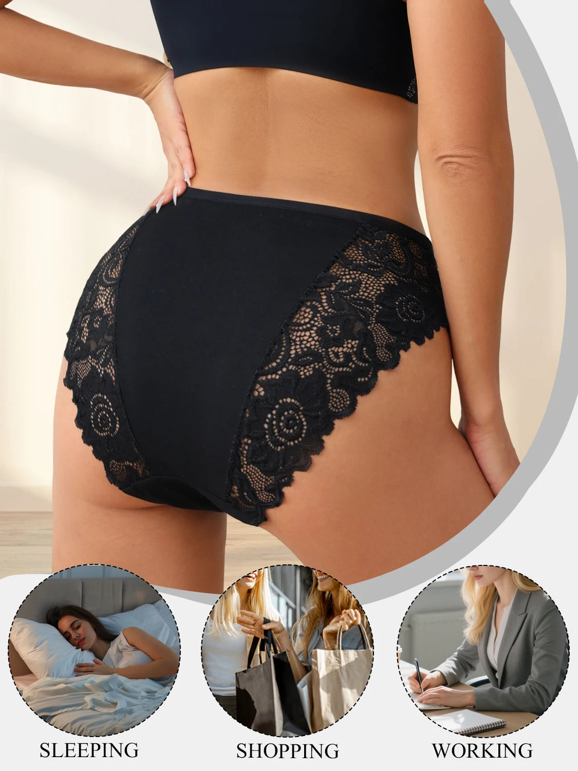 4PCS Black Lace Sexy Women's Underwear Elegant Lace Floral Cotton Splicing Panties Comfort Breathable Briefs Lingerie Everyday