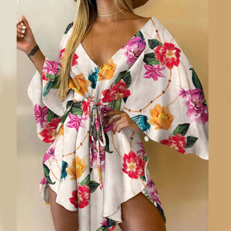 Sexy V-Neck Floral Boho Dress โ Asymmetrical Loose Fit with Batwing Sleeves | ูุณุชุงู ุจูููู
ู ุตููู ูุงุณุน ุจููุดุฉ ุฃูุฑุงู ููุงูุฉ V ูุฃูู
ุงู
ุจุงุช ูููุบ ุบูุฑ ู
ุชู
ุงุซู
