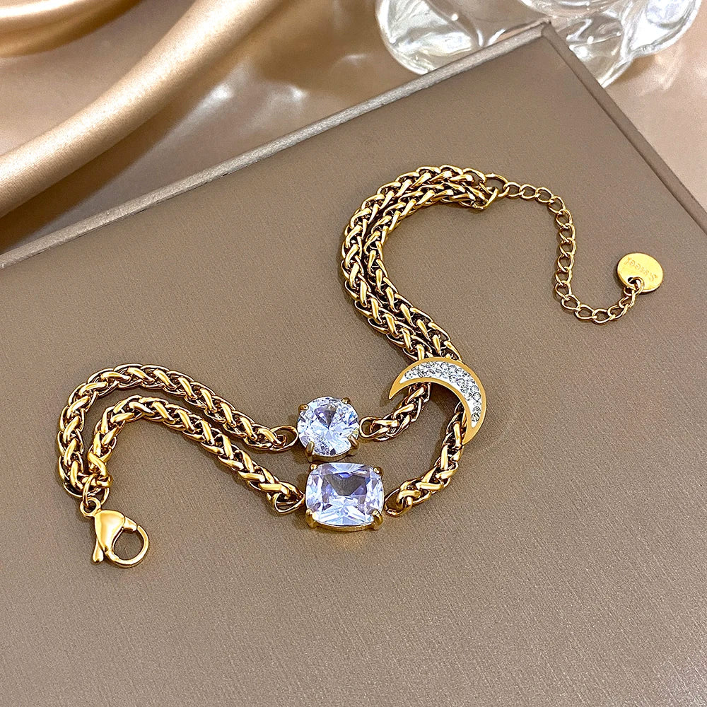 Flashbuy Women's Bracelet Golden Double Thick Chain Synthetic Zircon Geometric Moon Stainless Steel Bangle Statement Accessories