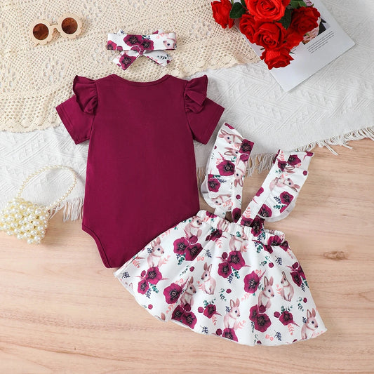 Baby girl Summer Set Solid Color Jumpsuit+Rabbit Printed Shoulder