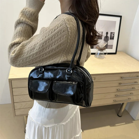 Retro Women's Satchel Hobo Bag PU Leather Shopping Bag Fashion Solid Designer Armpit Bag Casual Double Pocket Hand Underarm Bag