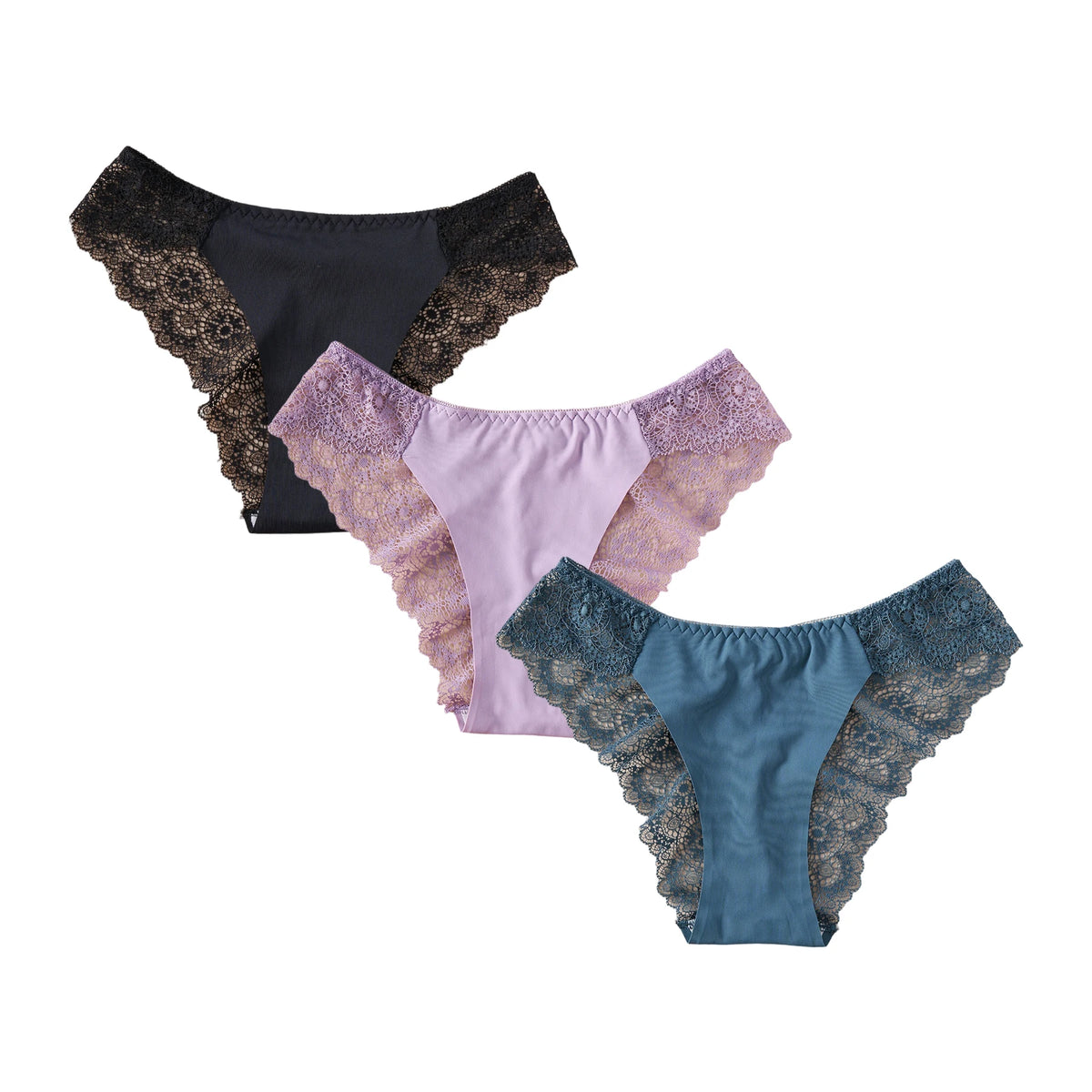 3PCS Women's Panties Satin Seamless Underwear Lace Floral Sexy Lingerie Solid Color Low-Waist High Quality Briefs Breathable