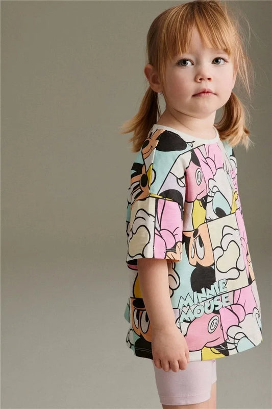 Disney Cartoon Printed Girls Clothes Short Sleeve Tracksuit Summer Clothing