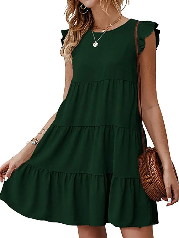 Women Elegant Ruffle Mini Dress Casual Solid O Neck Beach Party Sundress Simple Chic Loose Short Dress Vintage Harajuku Vestido