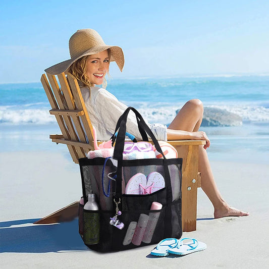 Mesh Beach Bags Beach Tote Bag With Multi Pockets Large Capacity Travel Tote Handbag Swim Pool Bag Multifunctional Storage Bag