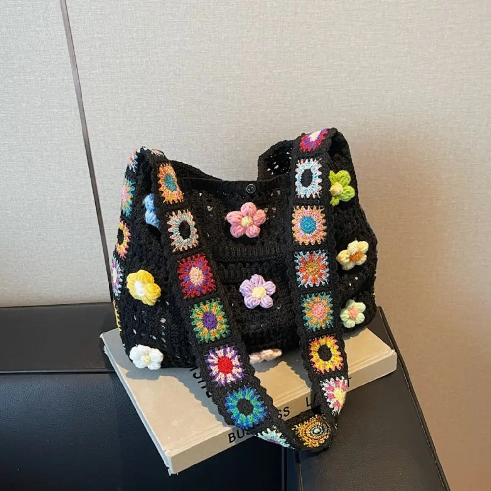 Boho Knitting Shoulder Bag Floral Large Capacity Bohemian Crochet Crossbody Bag Ethnic Style Lazy Style Casual Woven Handbag