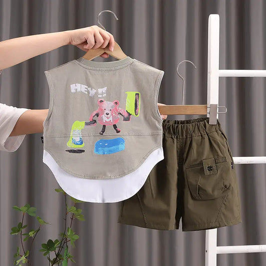 Summer Cartoon Print Baby Boys Girls Cotton Sport Letter Vest Shorts
