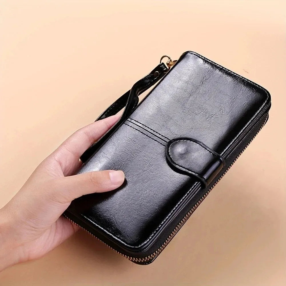 Vintage Oil Wax PU Leather Clutch Wallet for Women Large Capacity Phone Purse with Wrist Strap Simple Card Holder Pouch Bag