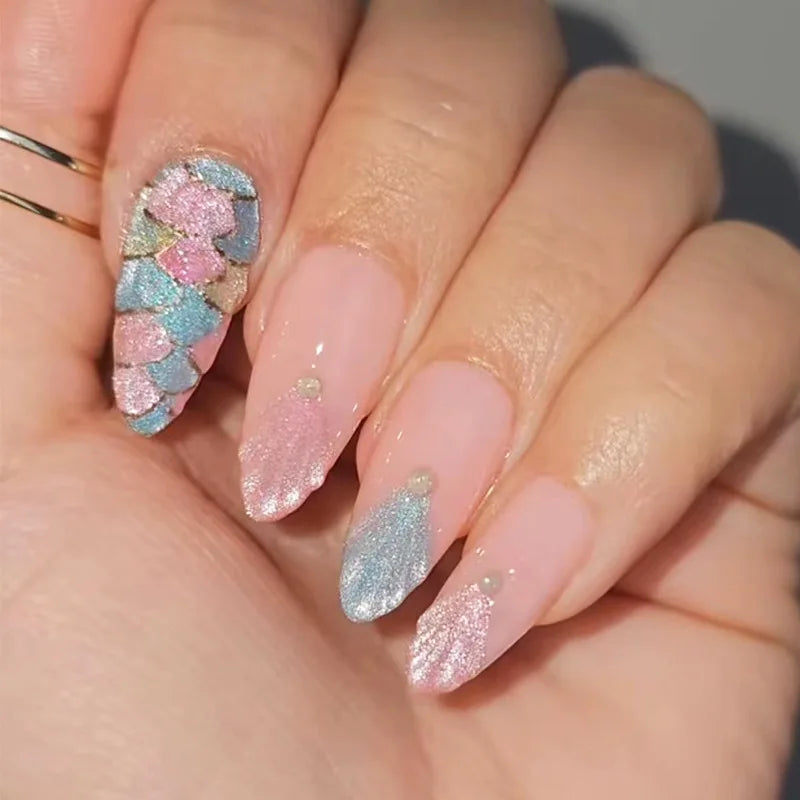 24pcs Flower Butterfly Design False Nail Aurora Cat's Eye Tips Almond Press on Nails Simple Wearable Gradient French Fake Nail