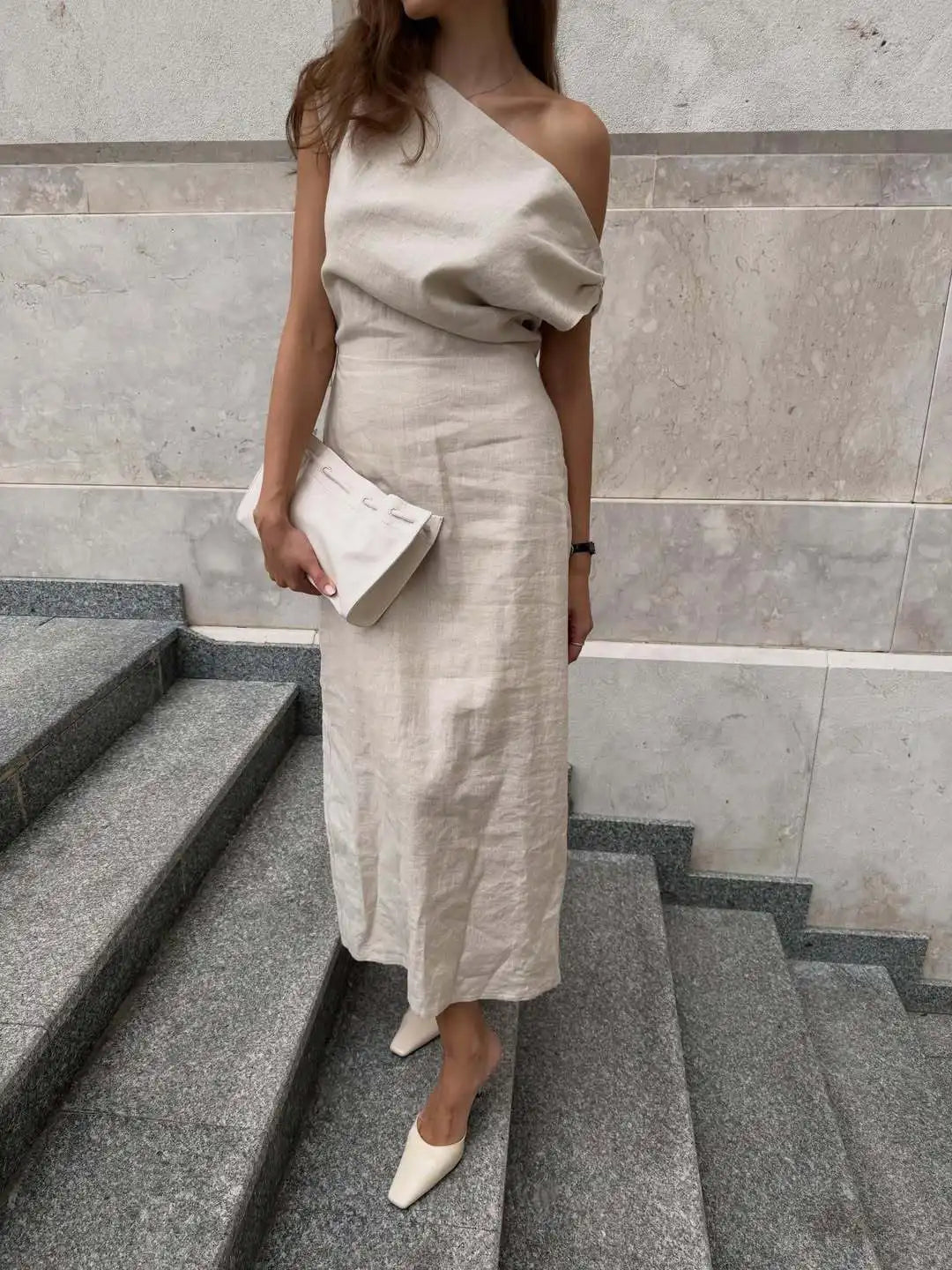 Elegant Solid One Shoulder Dresses Lady Skew Collar Waist-cinching Sleeveless Long Dress 2026 Women New Party Club Gowns