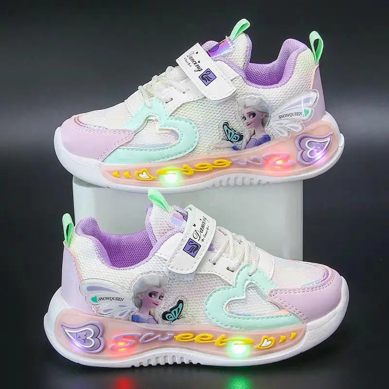 Disney Children Led Shoes Frozen Princess Elsa Girls Sneakers Fashion Cute Mesh Breathable Kids Casual Shoes Lighted Anti-slip