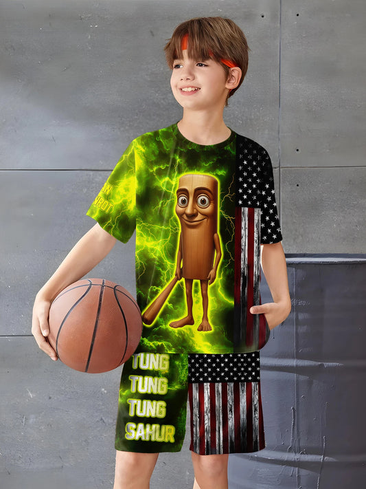 Fashion AI Games TungTungTung Sahur Design T-shirt+Shorts Summer