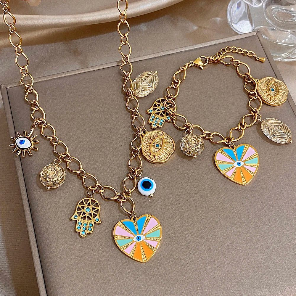 New Style Boho Women's Set Jewelry Vintage Devil's Eye Charm Enamel Heart Pendant Stainless Steel Necklace Bracelets Accessory