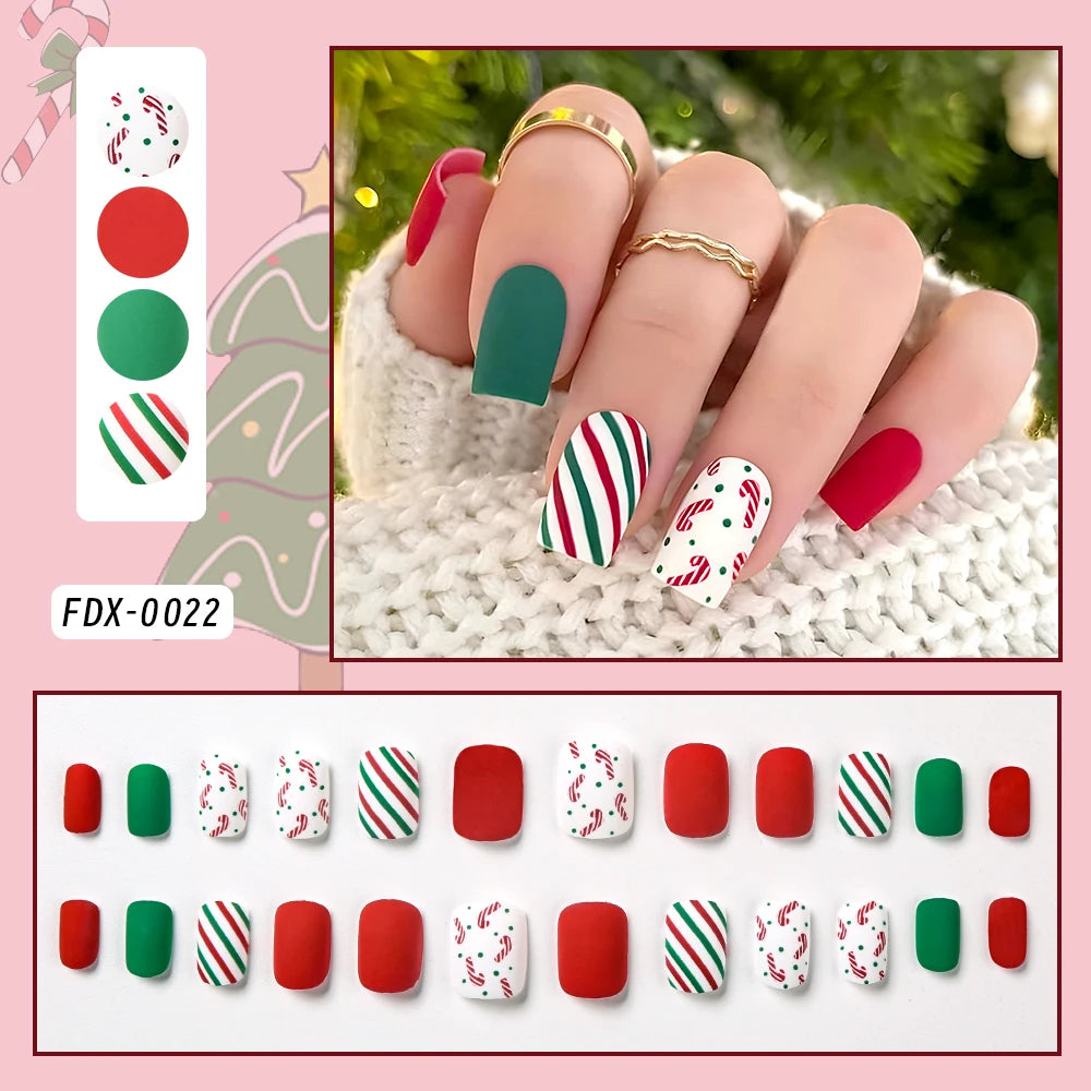 24Pcs Christmas Red French Almond Fake Nails Snowflake Xmas Hat Design Full Cover False Nail Acrylic Wearable Press On Nails