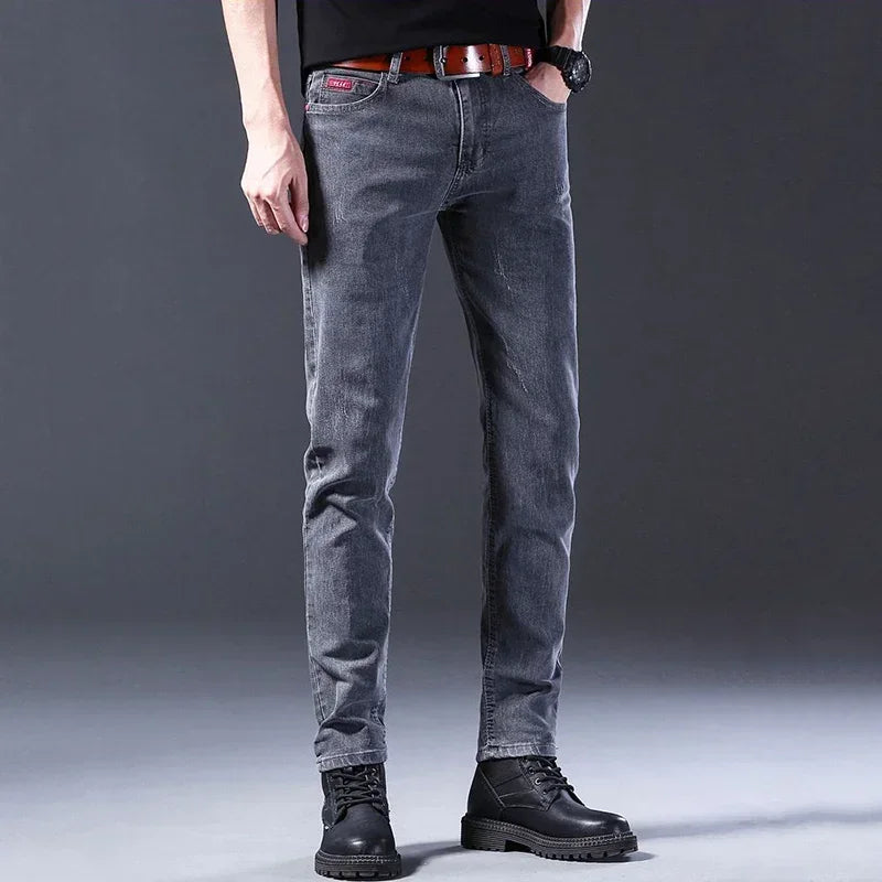 New Men Fashion Casual Business Denim Pants Male Slim Fit Straight Leg Trousers Stretch Solid Pants Size 27-38
