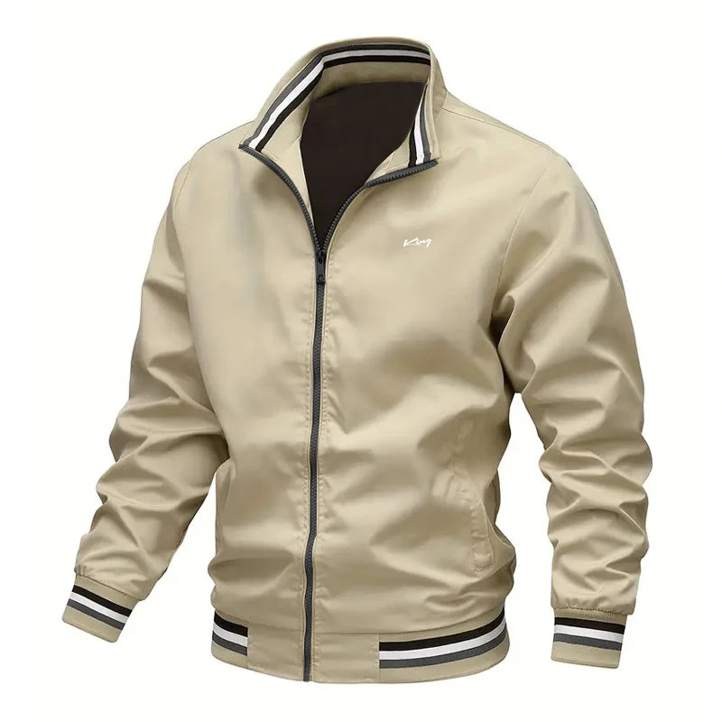 New Autumn and Winter Men's Windproof Stand Up Collar Jacket, Men's Stand Up Collar Striped Collar Casual Top No Velvet Sports F