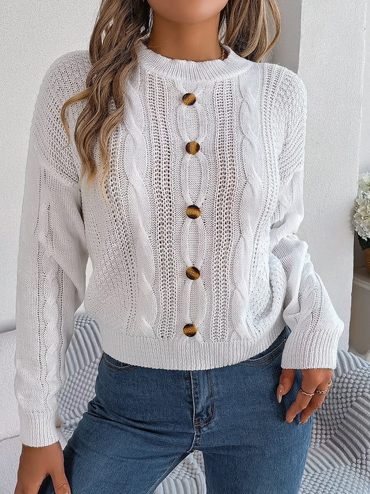 Women's Solid Color Round Neck Buttons Knitted Sweater 2026 Autumn Winter Casual Long Sleeve Pullover White Grey Green Woman Top
