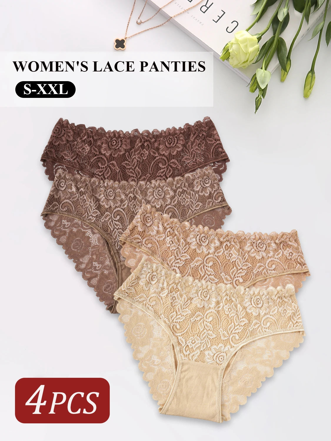 4PCS Women's Panties Sexy Elegant Floral Lace Underwear Comfortable Breathable Cotton Briefs Lingerie Perfect for Daily Wear