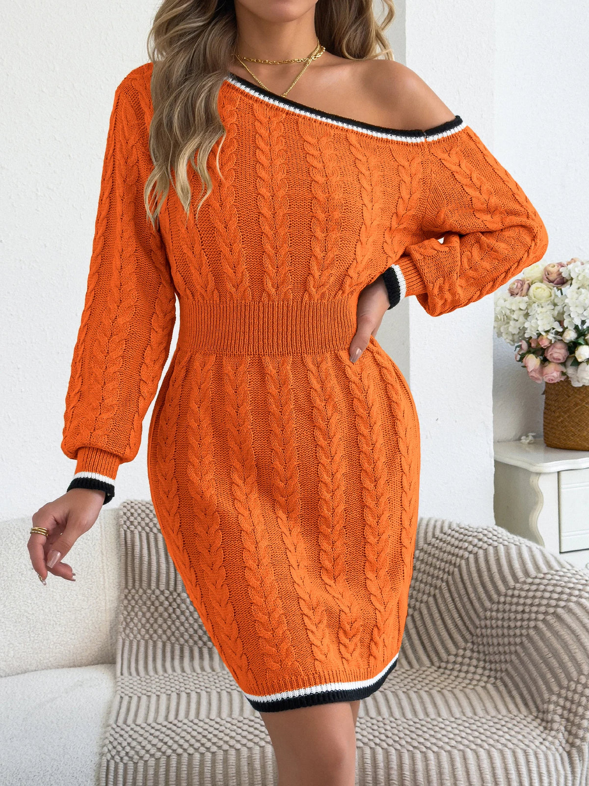 Elegant Women Sweater Dresses for Autumn Winter Casual Off Shoulder Long Sleeve Stripe Waist Cinching Twist Knit Bodycon Dress