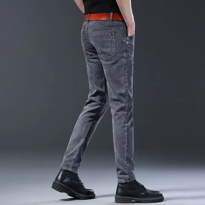New Men Fashion Casual Business Denim Pants Male Slim Fit Straight Leg Trousers Stretch Solid Pants Size 27-38