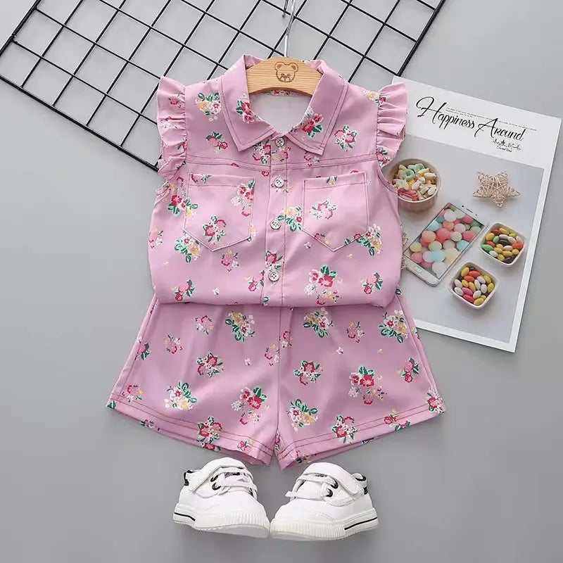Girls Cute Full Print T-shirt And Shorts 2PC Set Casual Infant Baby Kids