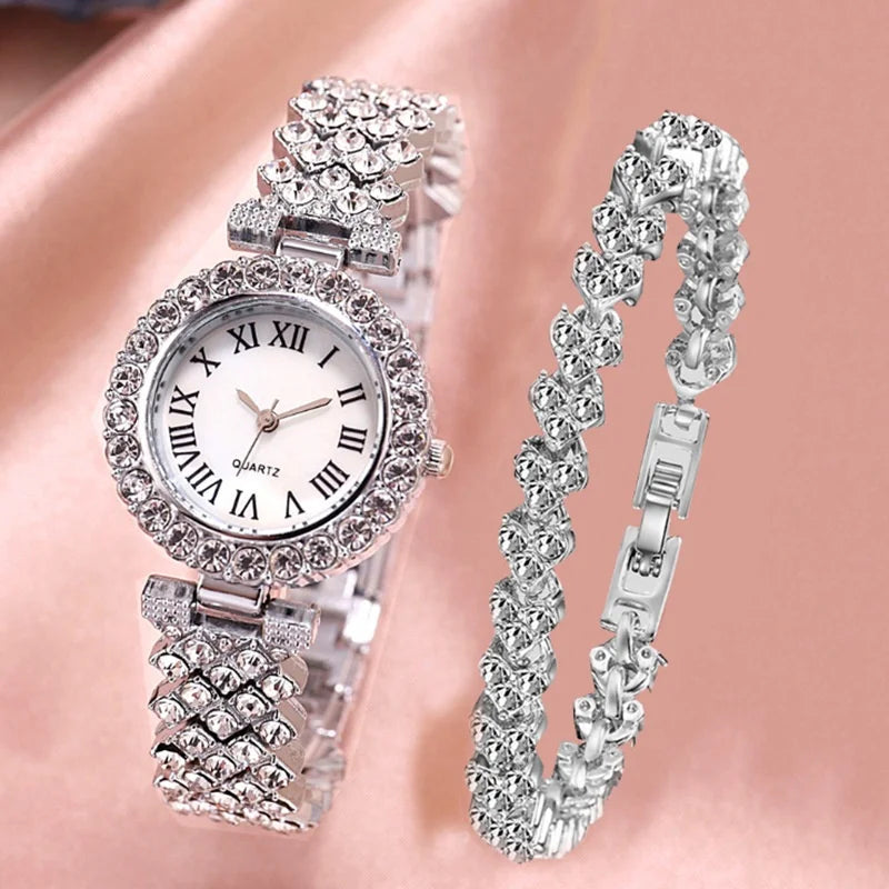 2PCS/Set Women's Watch Fashion Rhinestone Roma Dial Quartz Watches Stainless Steel Band Wrist Watch Bracelet Set